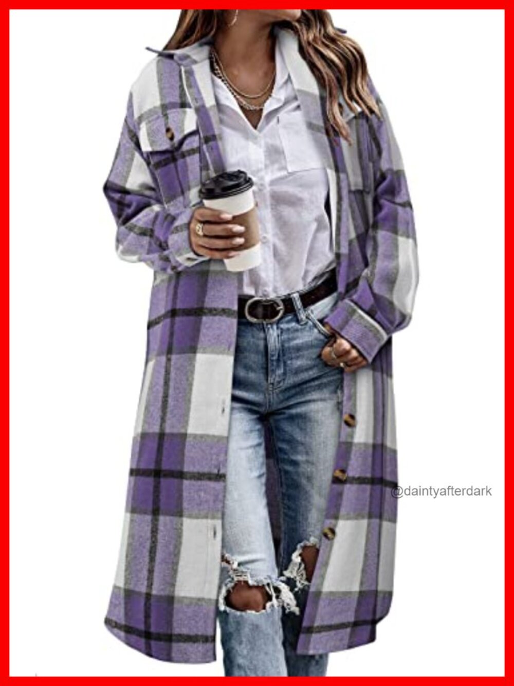 Oversized Plaid Flannel Shacket Button Down Long Shirt Jacket